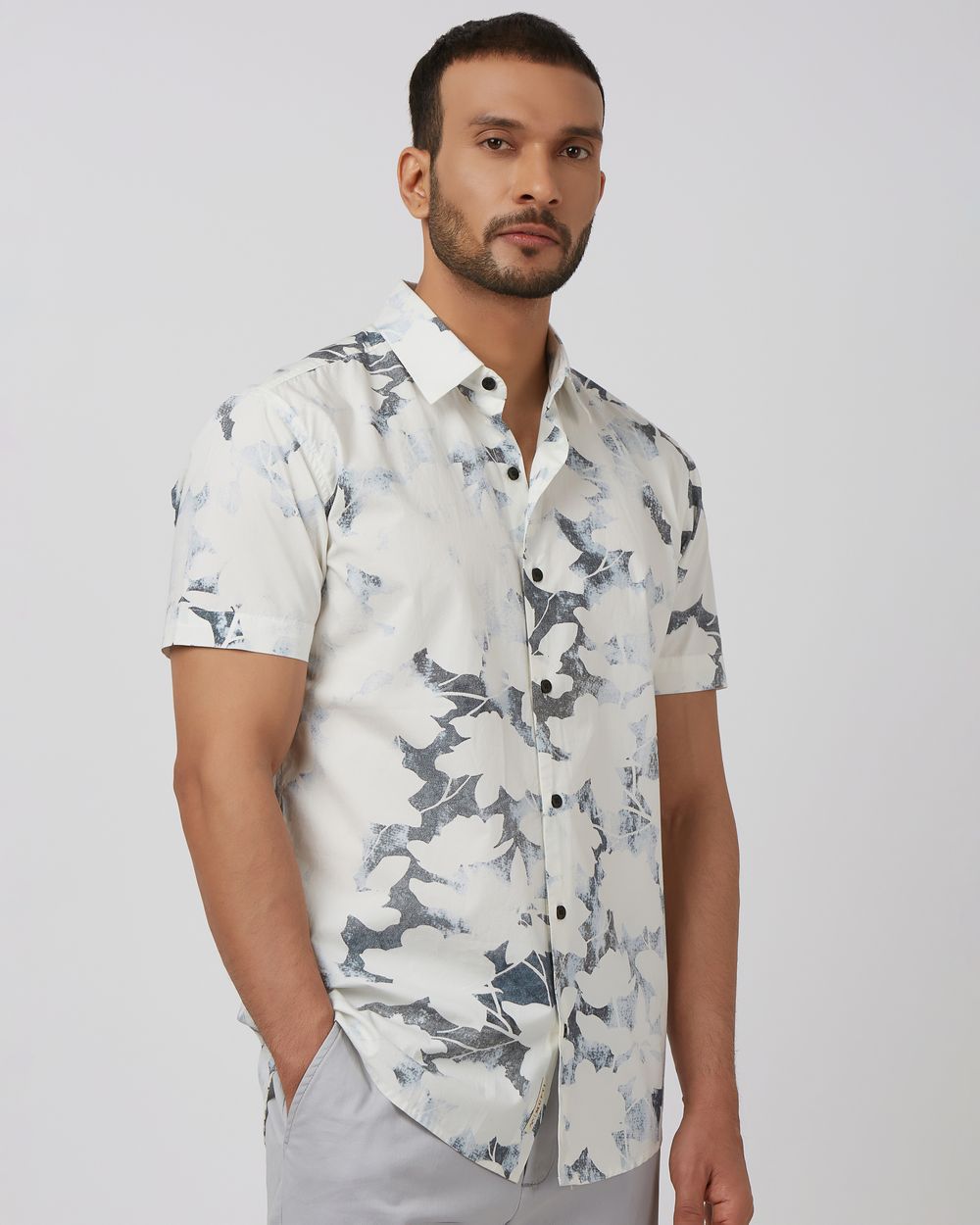 White Floral Print Slim Fit Casual Shirt