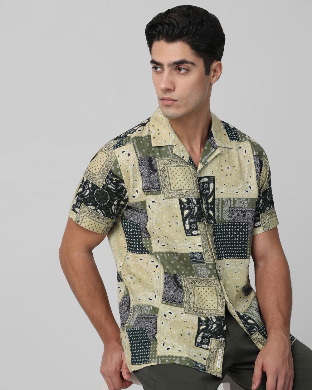 Light Olive Patchwork Print Relaxed Fit Casual Shirt