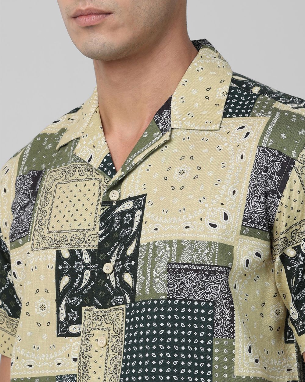 Light Olive Patchwork Print Relaxed Fit Casual Shirt