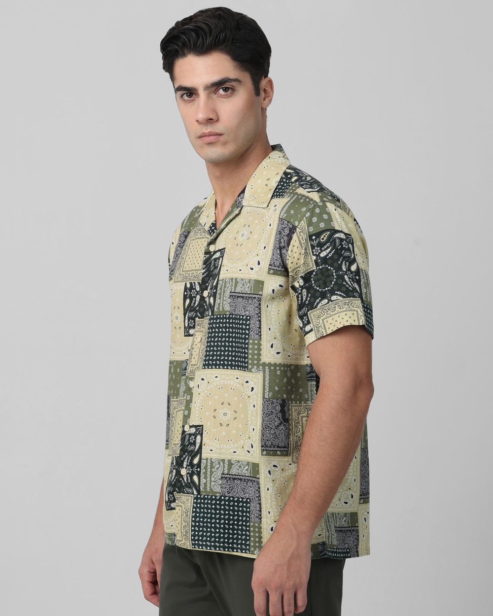 Light Olive Patchwork Print Relaxed Fit Casual Shirt
