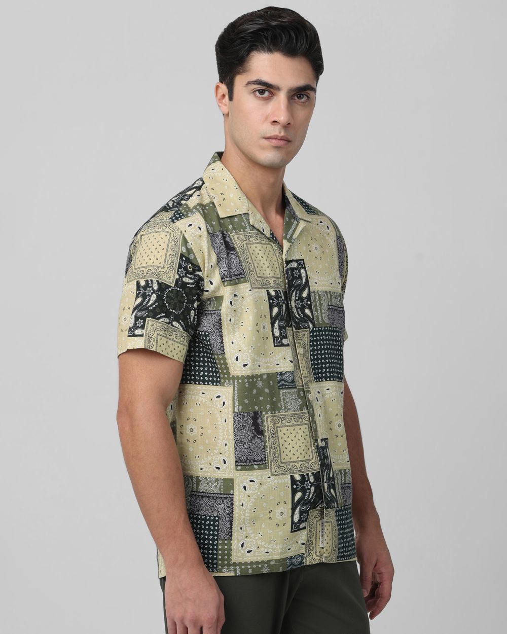 Light Olive Patchwork Print Relaxed Fit Casual Shirt