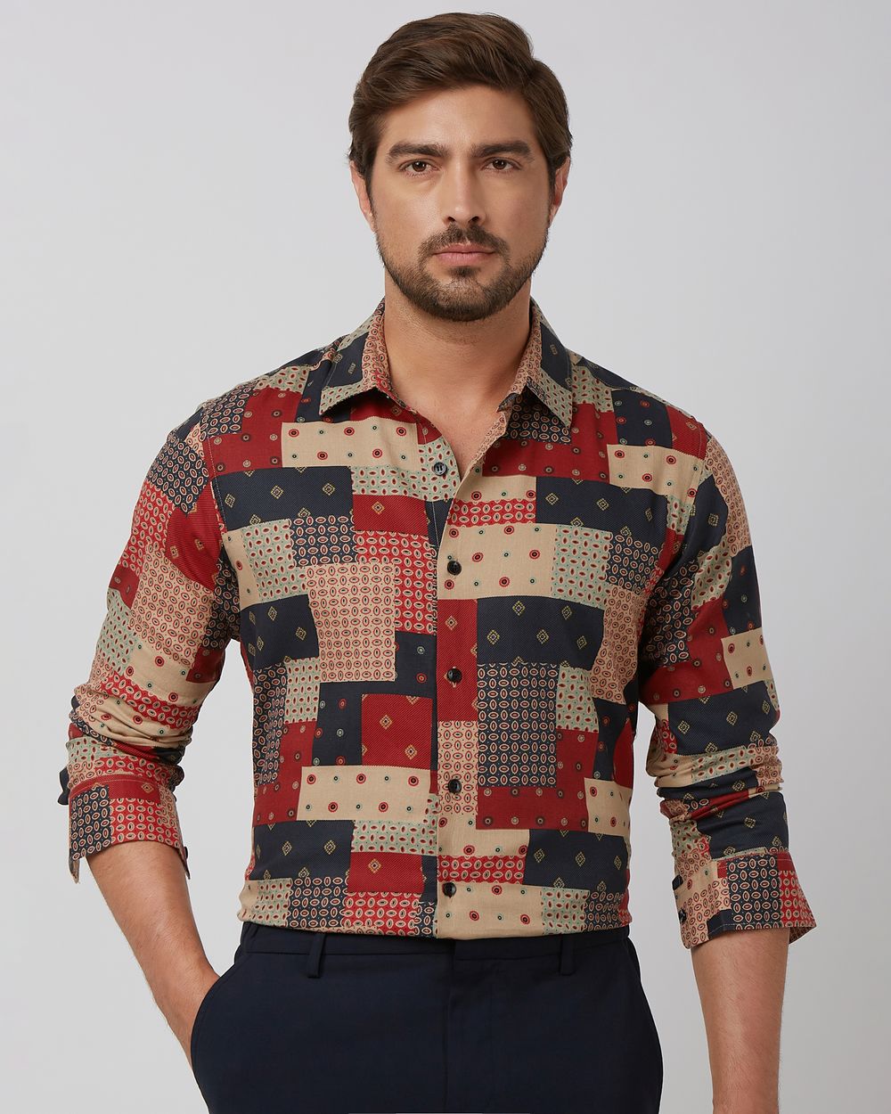 Multi Patchwork Print Slim Fit Casual Shirt