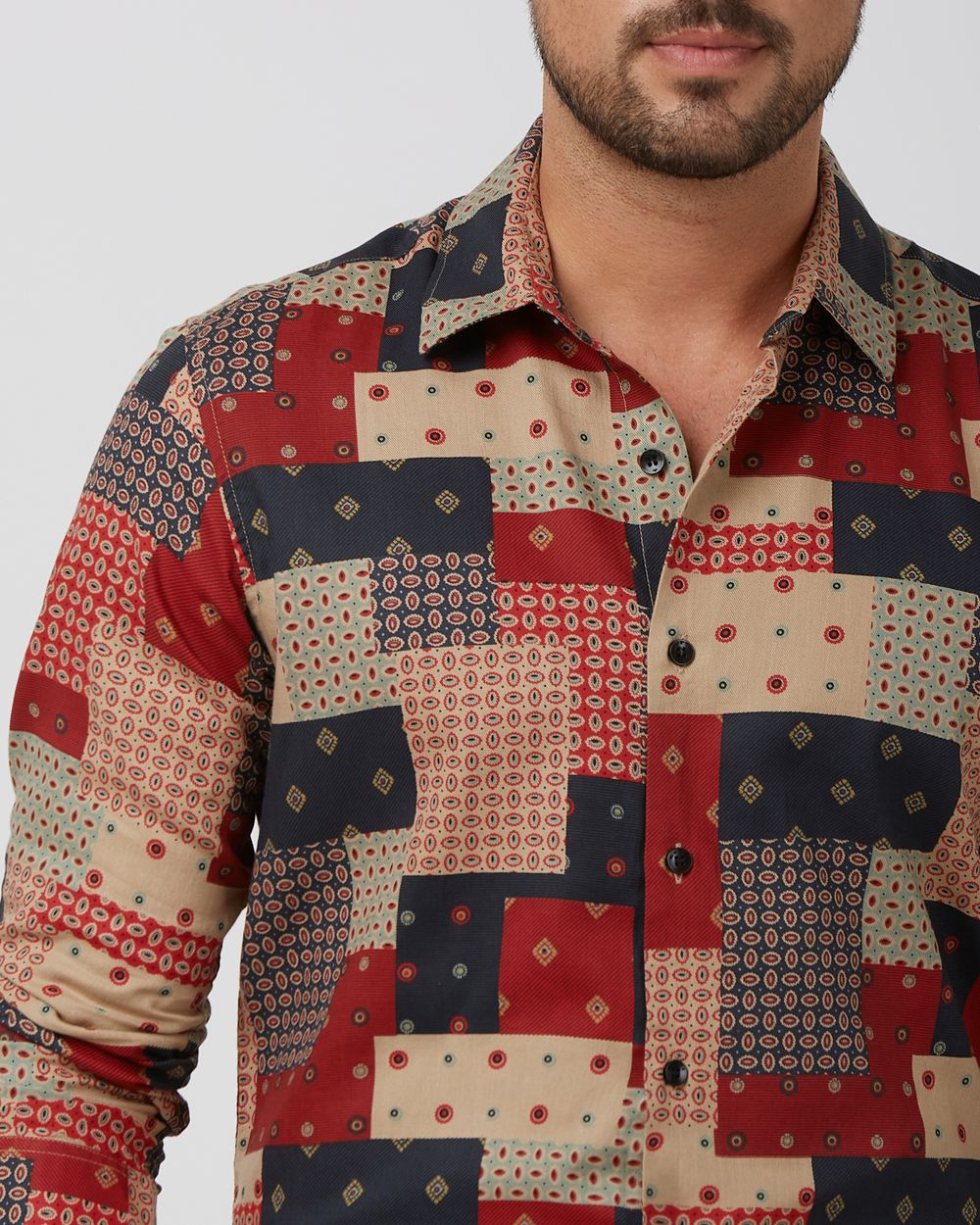 Multi Patchwork Print Slim Fit Casual Shirt