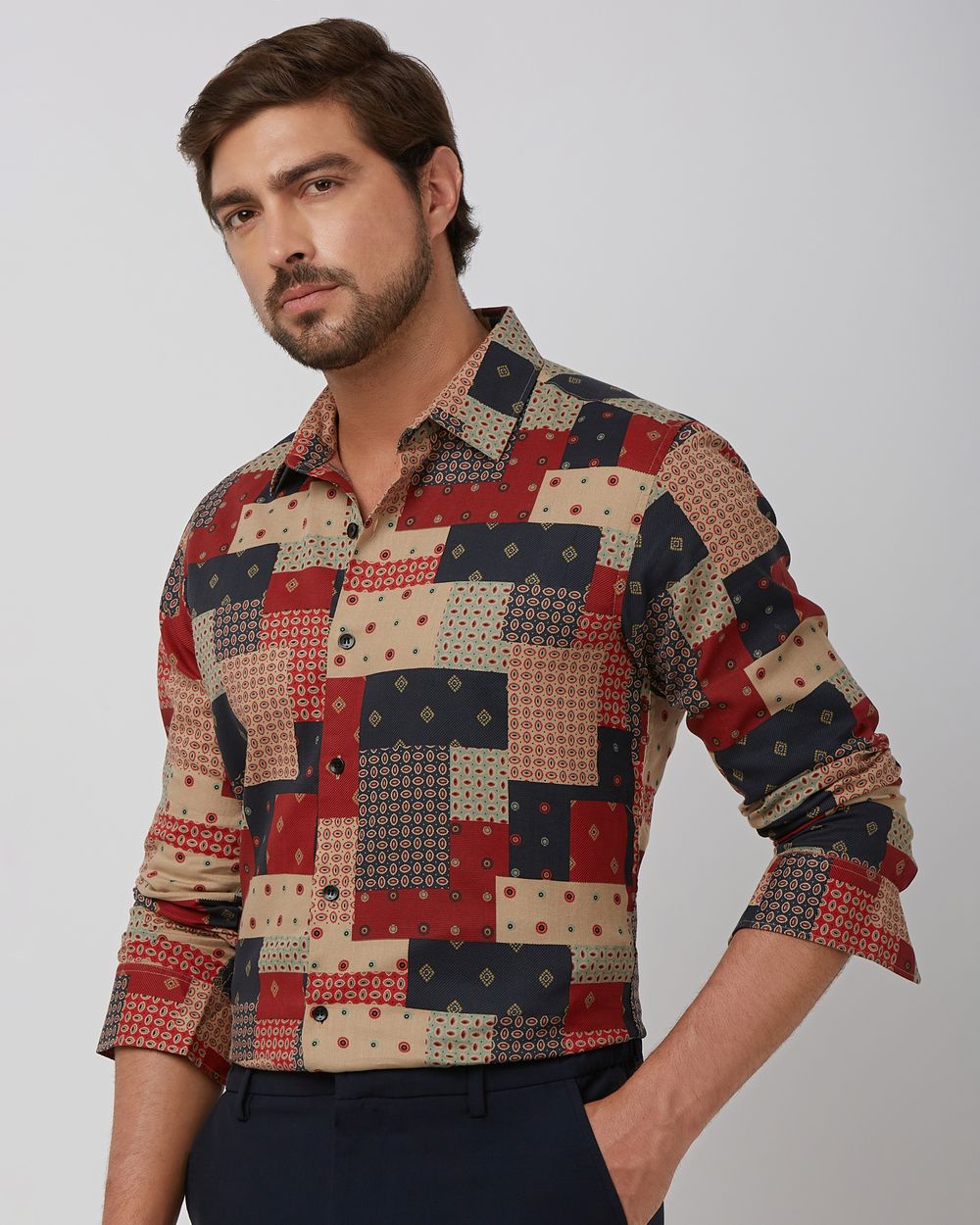 Multi Patchwork Print Slim Fit Casual Shirt