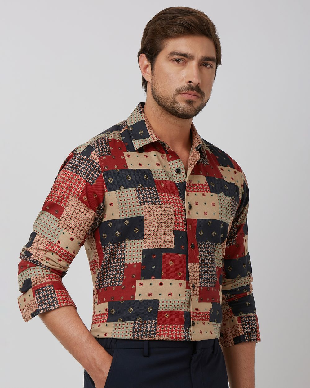 Multi Patchwork Print Slim Fit Casual Shirt
