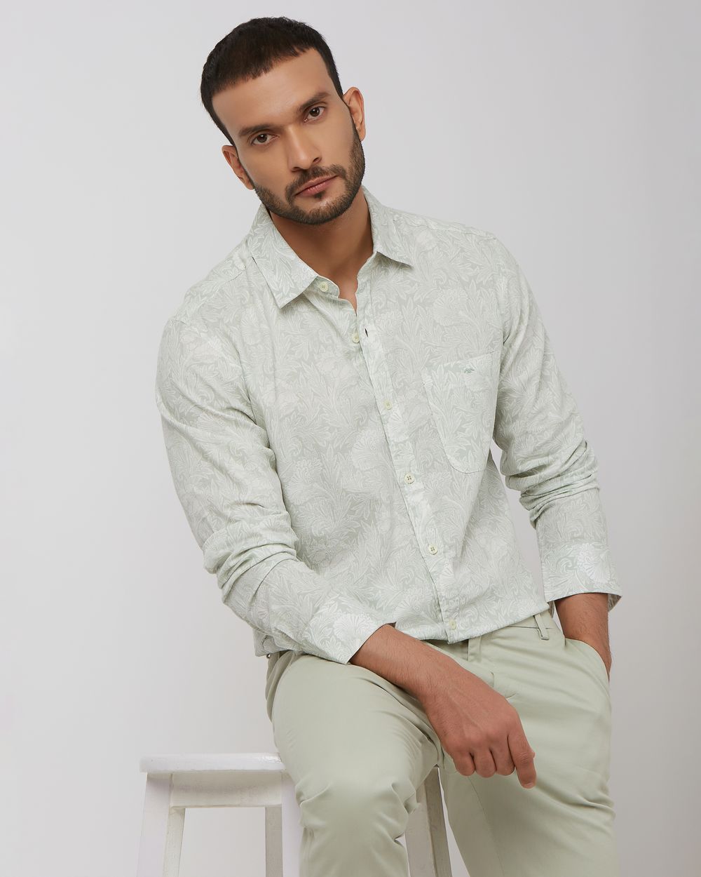Sage Leaf Print Slim Fit Casual Shirt