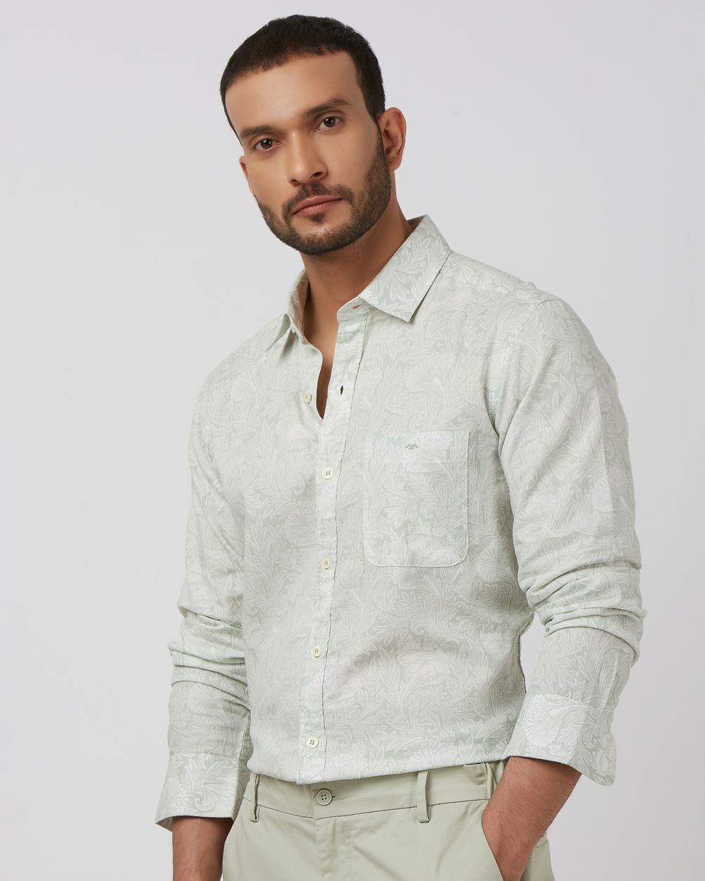 Sage Leaf Print Slim Fit Casual Shirt