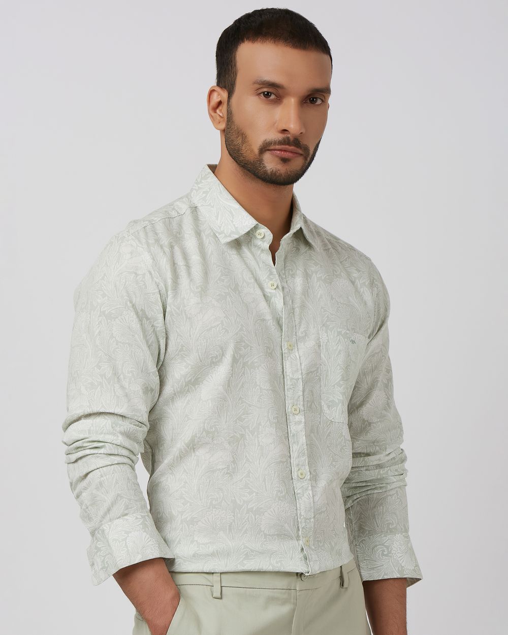 Sage Leaf Print Slim Fit Casual Shirt
