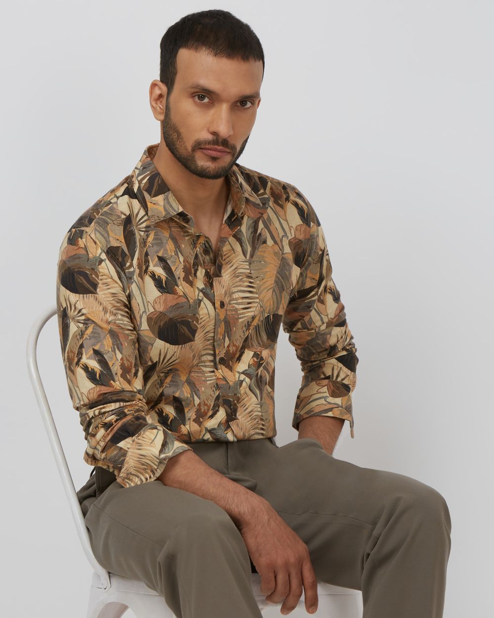 Khaki Leaf Print Slim Fit Casual Shirt