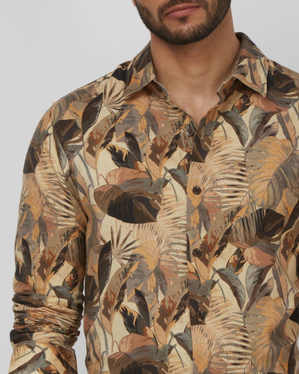 Khaki Leaf Print Slim Fit Casual Shirt