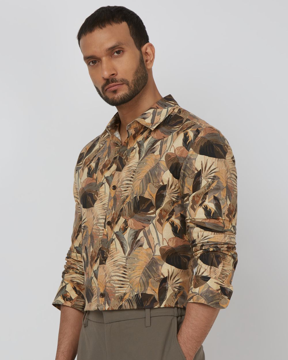 Khaki Leaf Print Slim Fit Casual Shirt