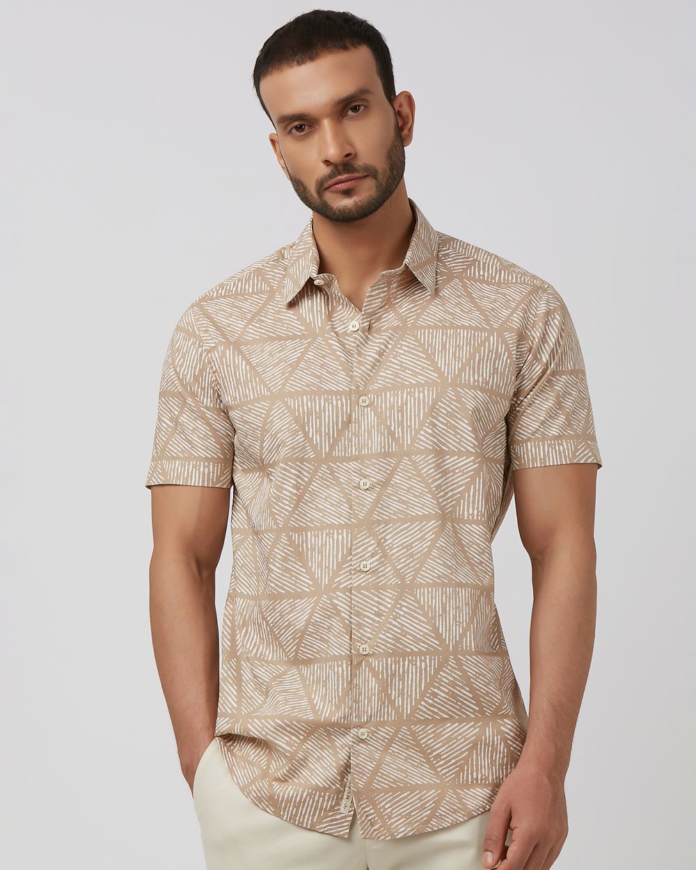 Khaki Lightweight Print Slim Fit Casual Shirt