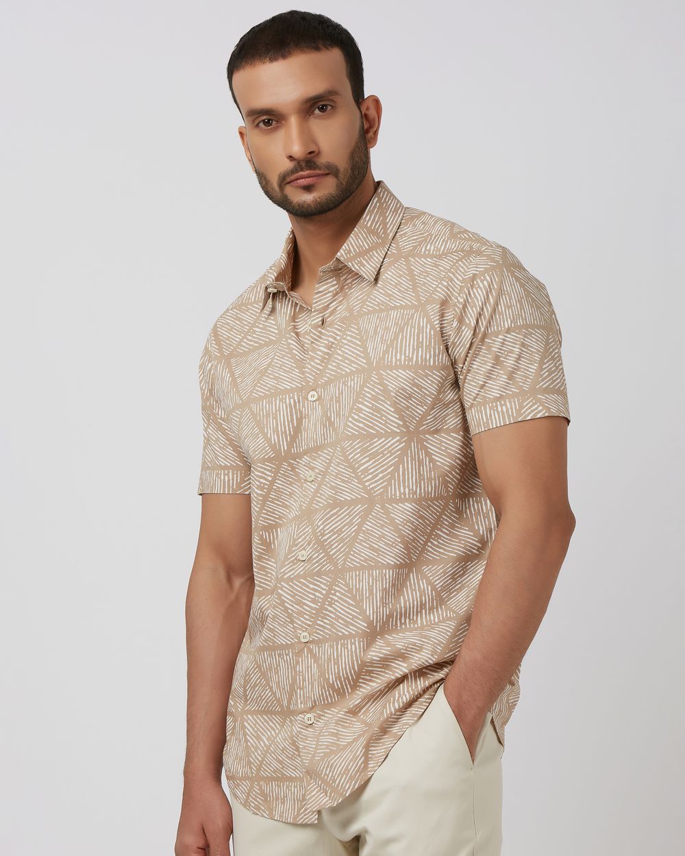 Khaki Lightweight Print Slim Fit Casual Shirt