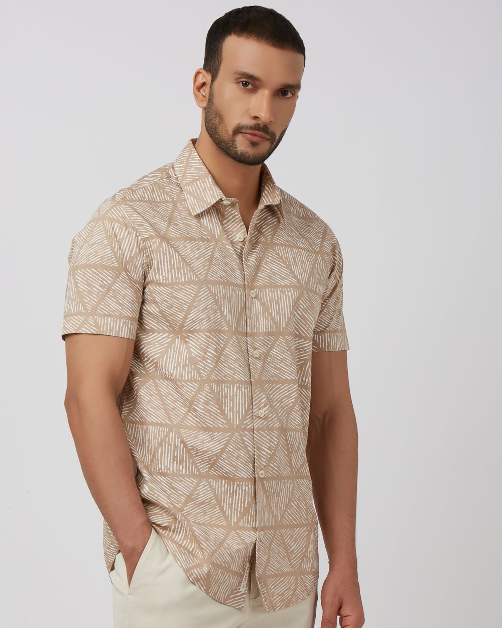 Khaki Lightweight Print Slim Fit Casual Shirt