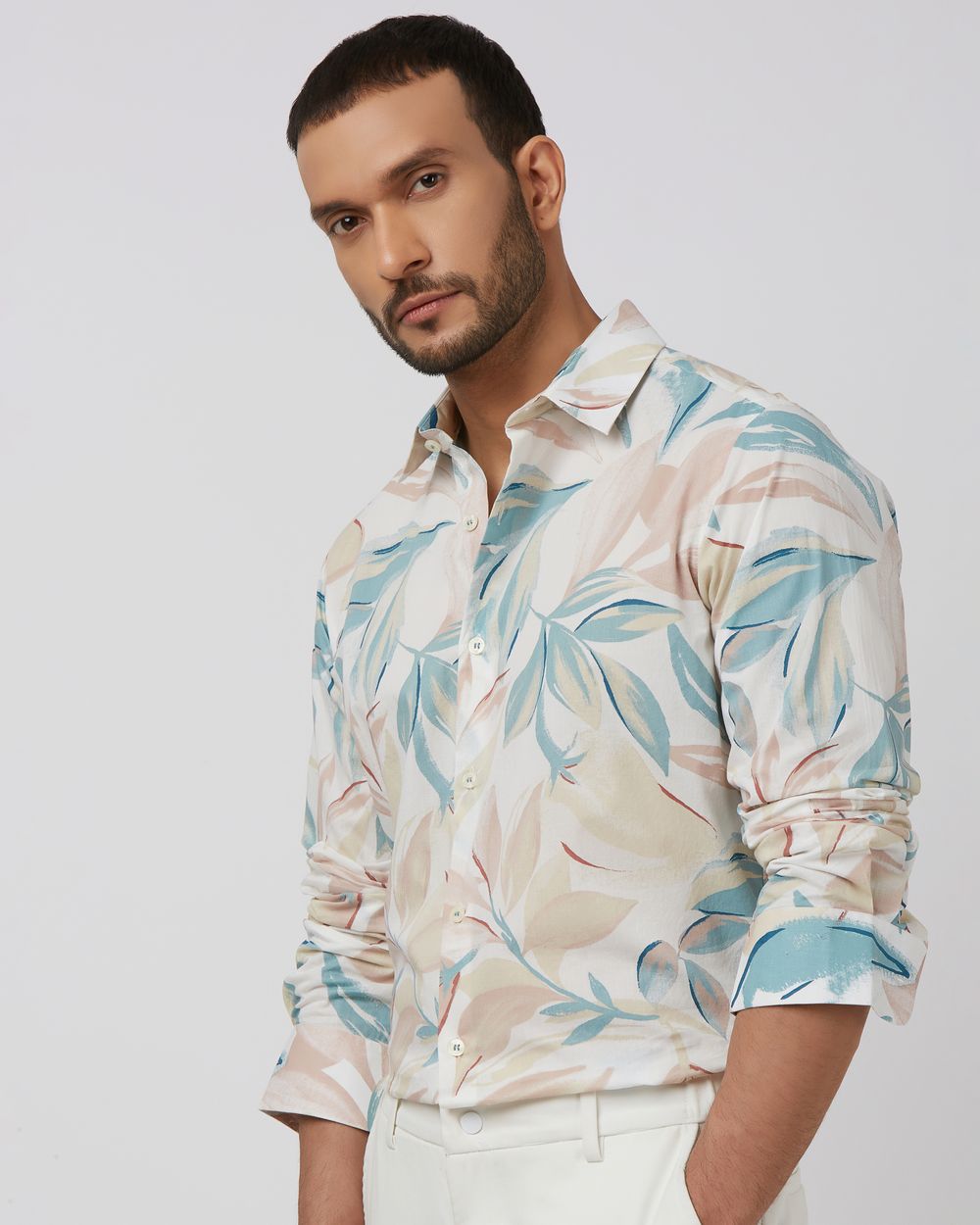 Multicolour Leaf Print Slim Fit Casual Shirt