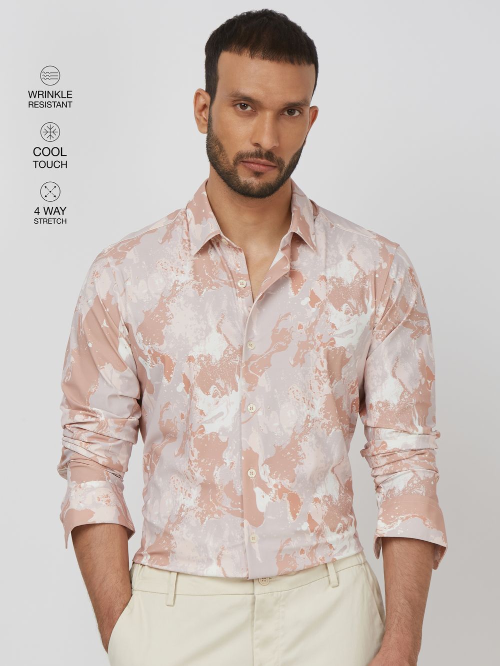Pink Marble Print Stretch Slim Fit Casual Shirt
