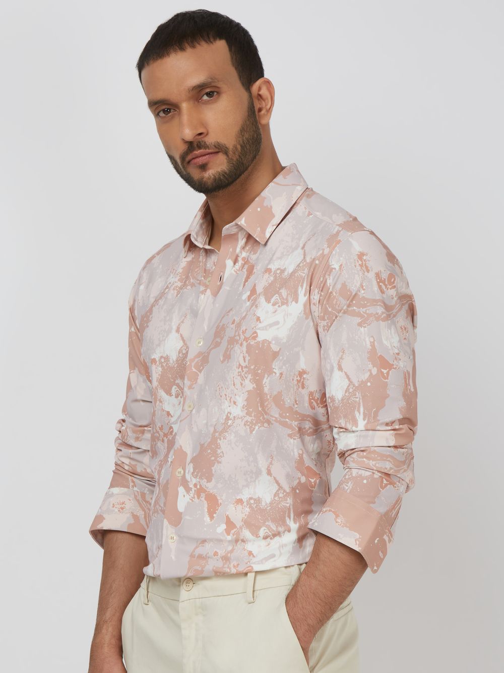 Pink Marble Print Stretch Slim Fit Casual Shirt