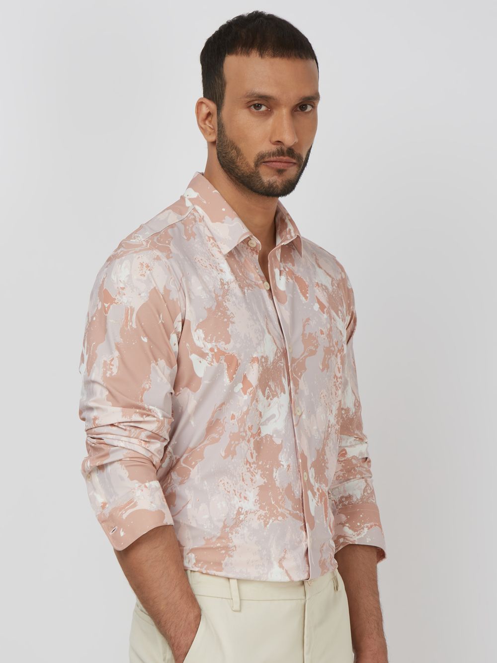 Pink Marble Print Stretch Slim Fit Casual Shirt