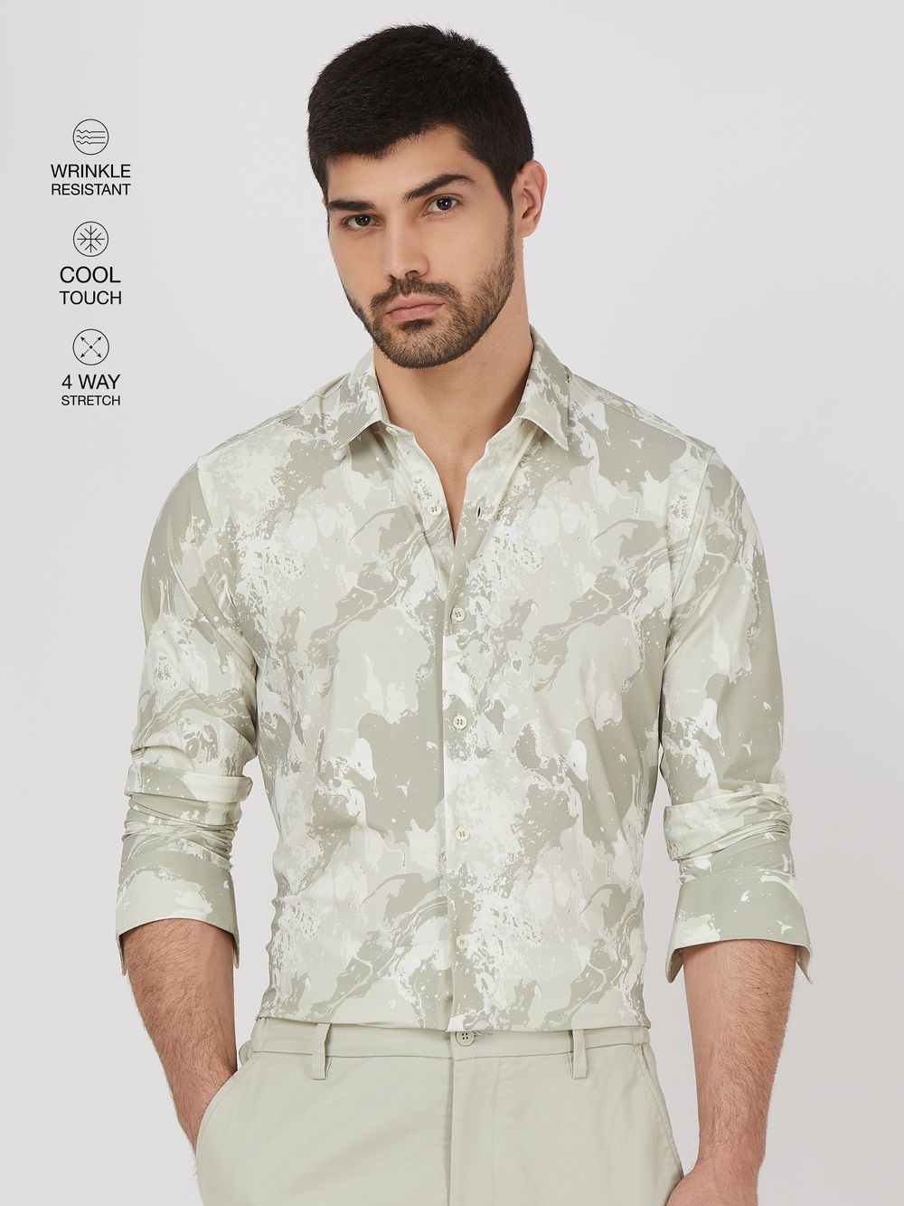 Light Olive Marble Print Stretch Slim Fit Casual Shirt
