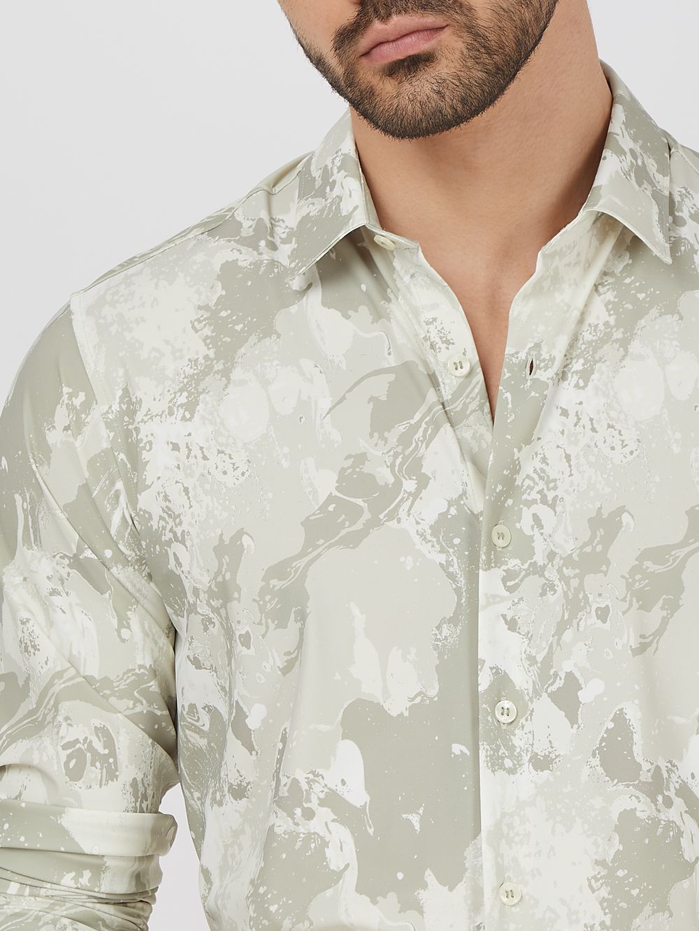 Light Olive Marble Print Stretch Slim Fit Casual Shirt