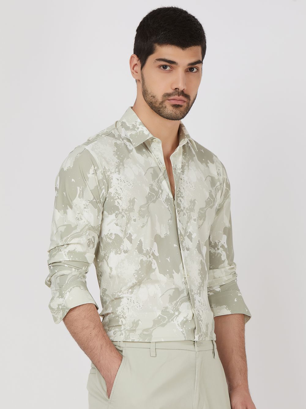 Light Olive Marble Print Stretch Slim Fit Casual Shirt