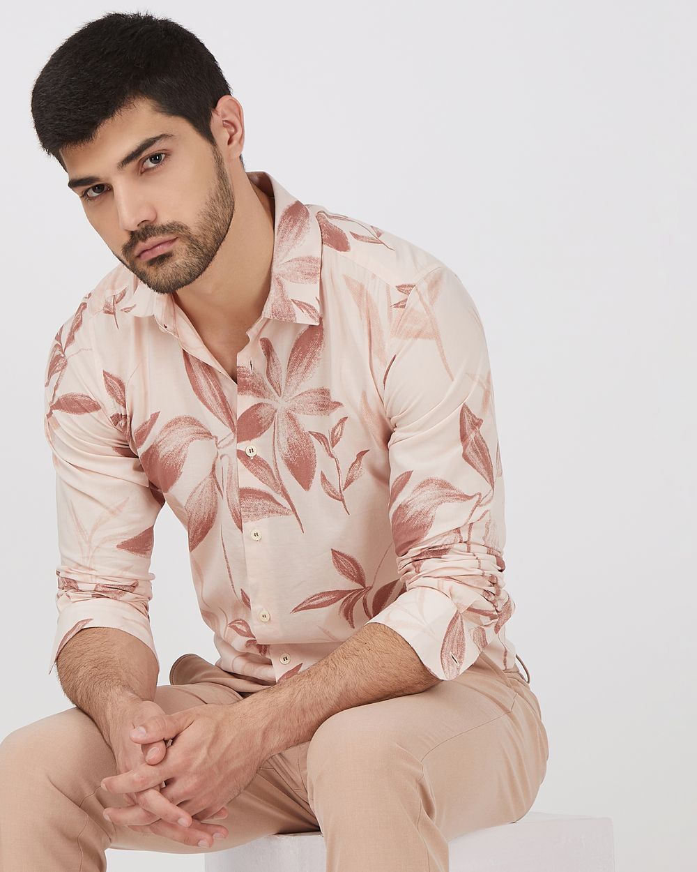 Pastel Pink Floral Print Slim Fit Casual Shirt
