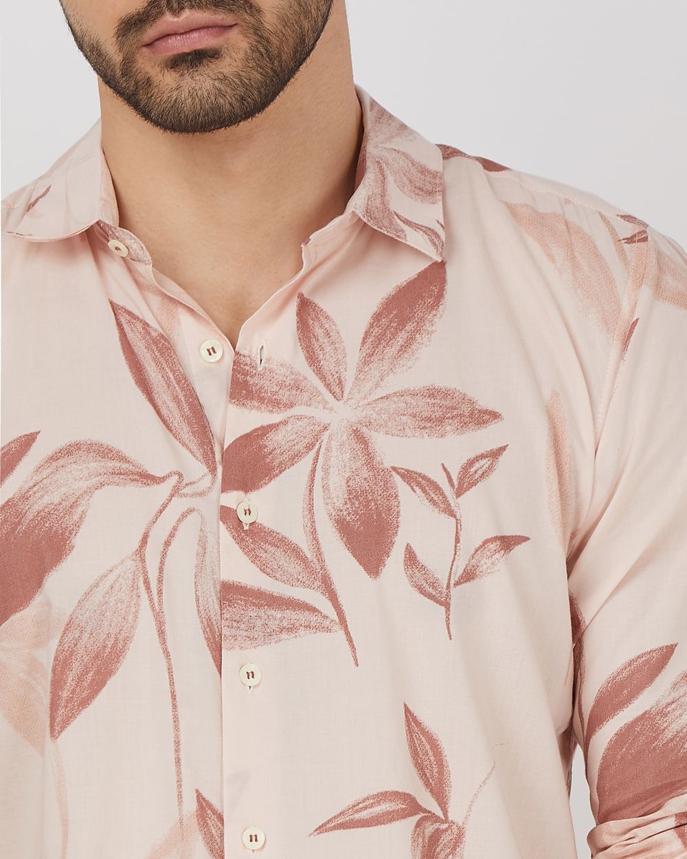 Pastel Pink Floral Print Slim Fit Casual Shirt