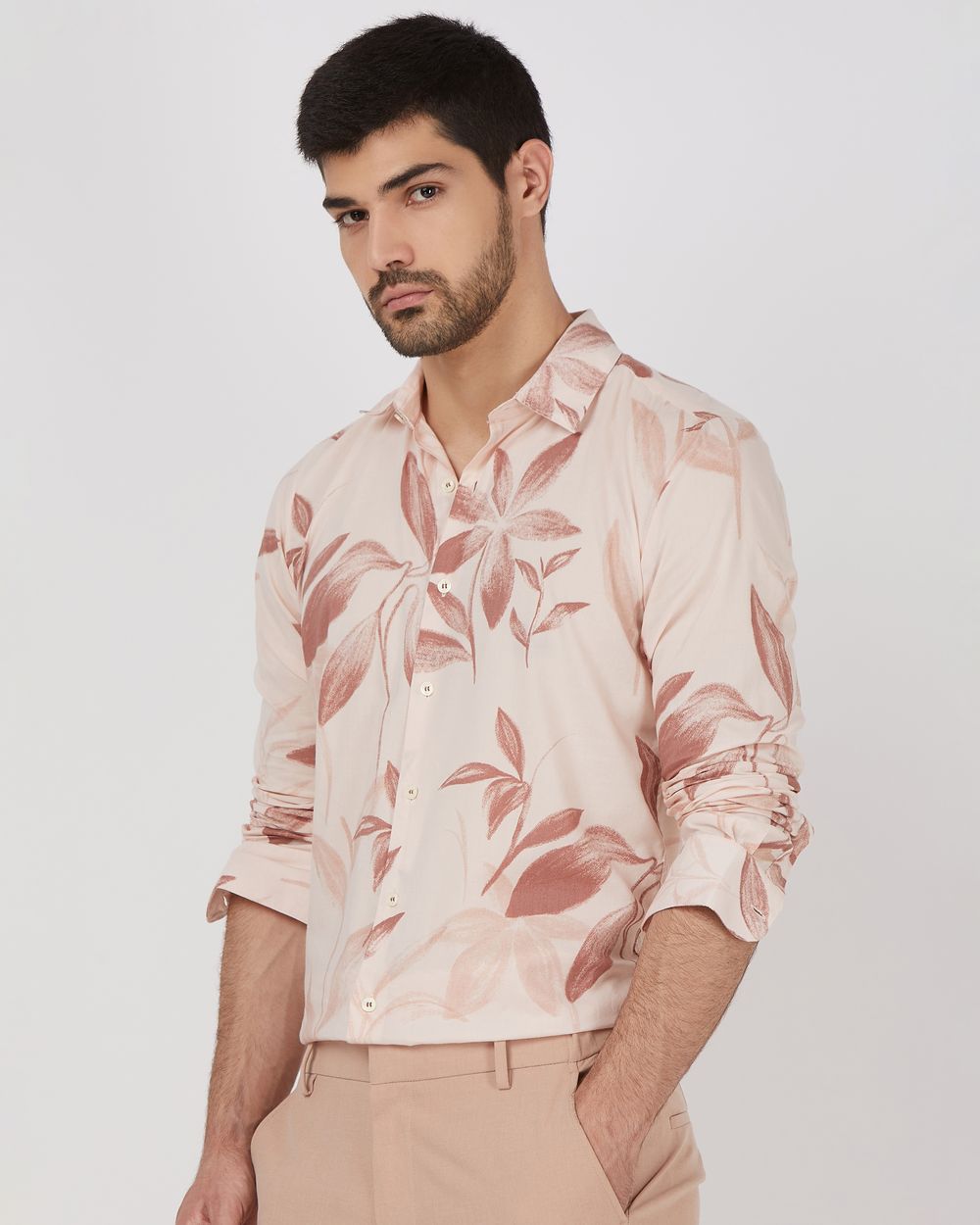 Pastel Pink Floral Print Slim Fit Casual Shirt