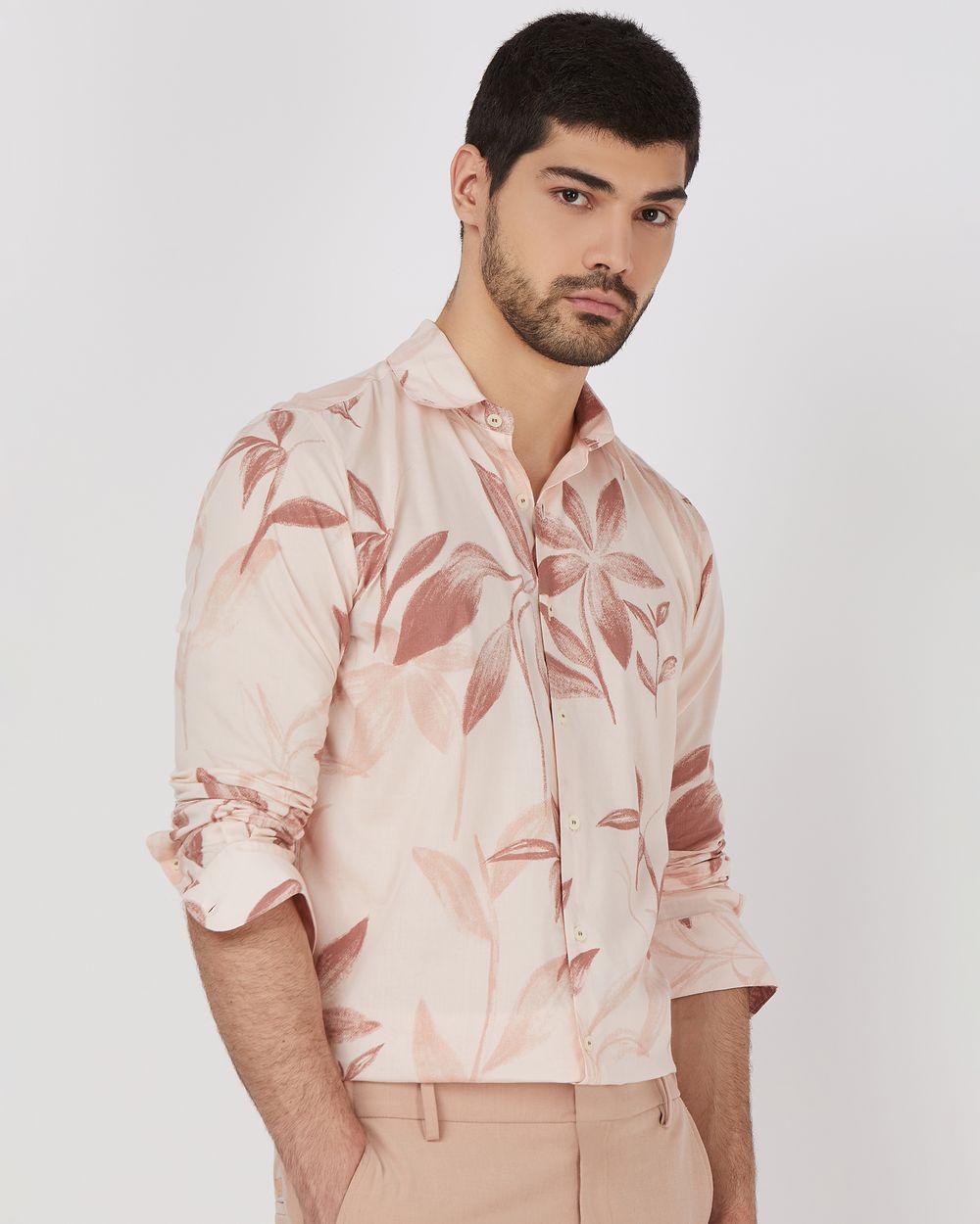 Pastel Pink Floral Print Slim Fit Casual Shirt