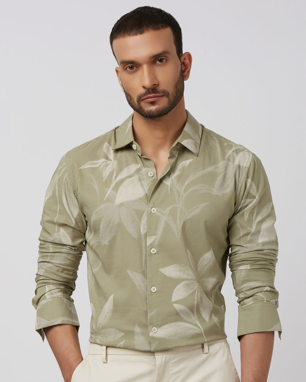 Light Olive Floral Print Slim Fit Casual Shirt