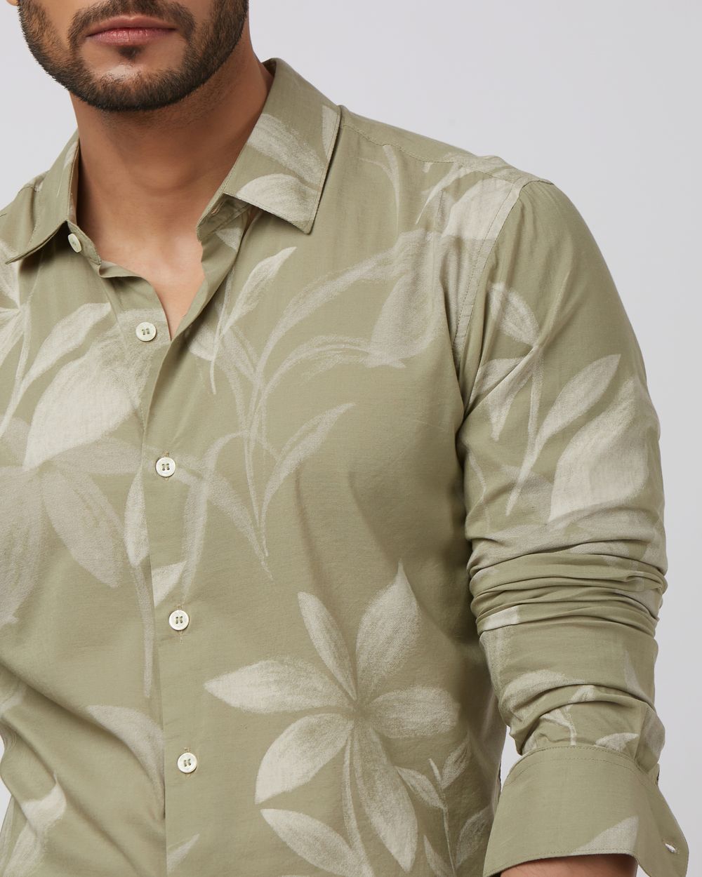 Light Olive Floral Print Slim Fit Casual Shirt
