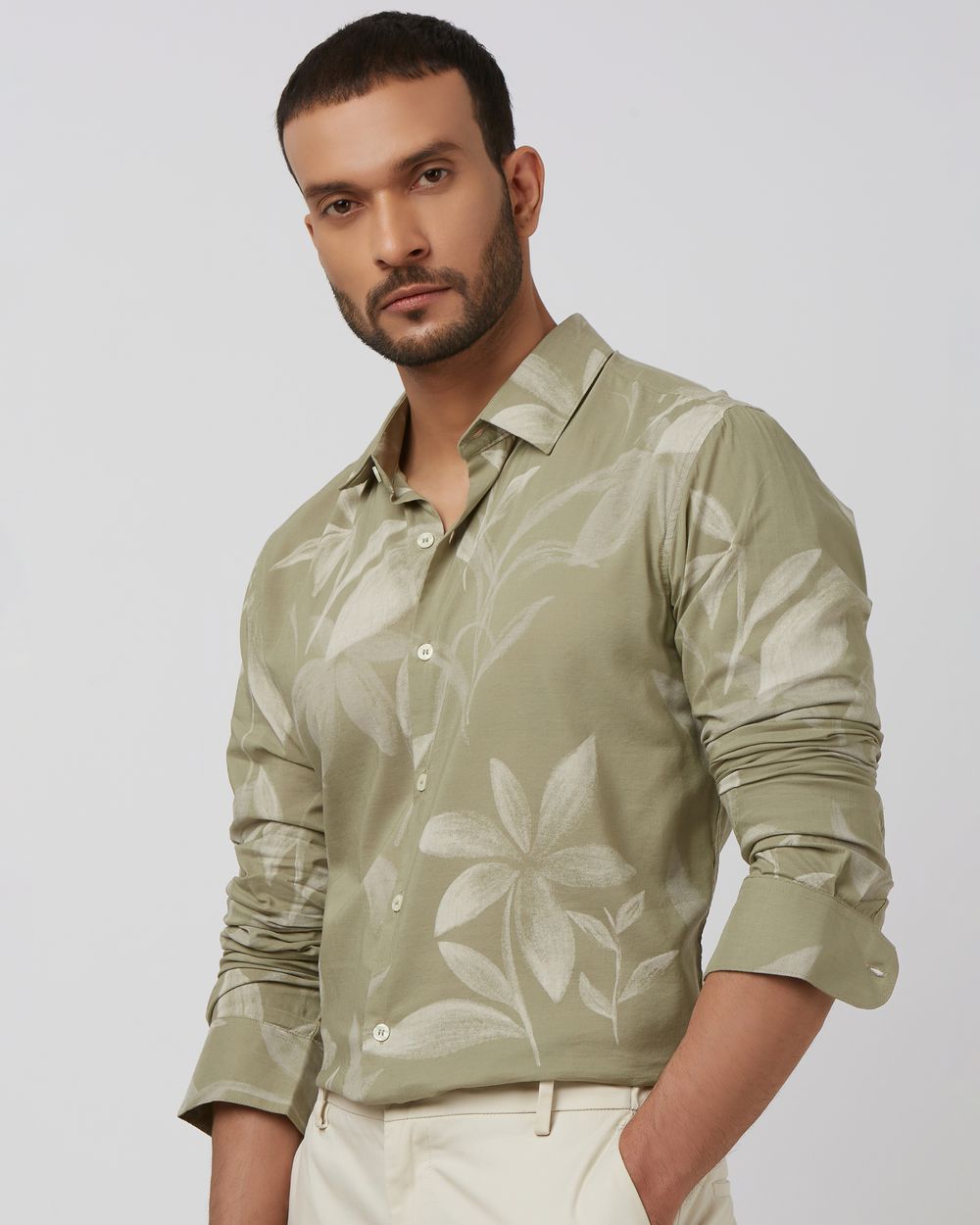Light Olive Floral Print Slim Fit Casual Shirt
