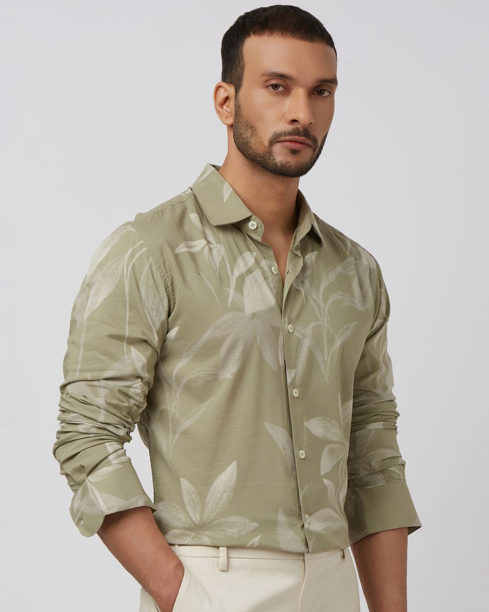 Light Olive Floral Print Slim Fit Casual Shirt