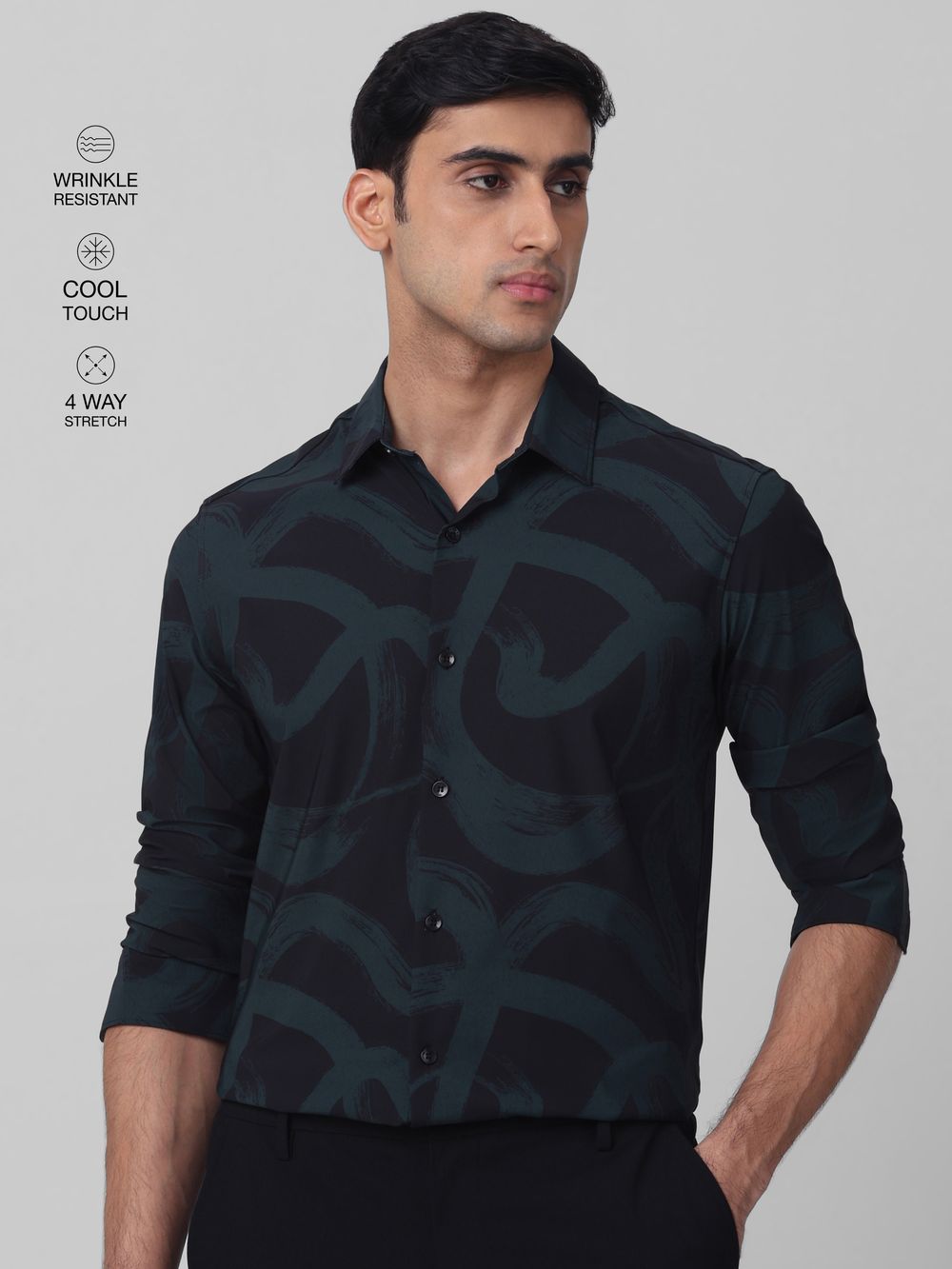 Black Abstract Print Stretch Slim Fit Casual Shirt