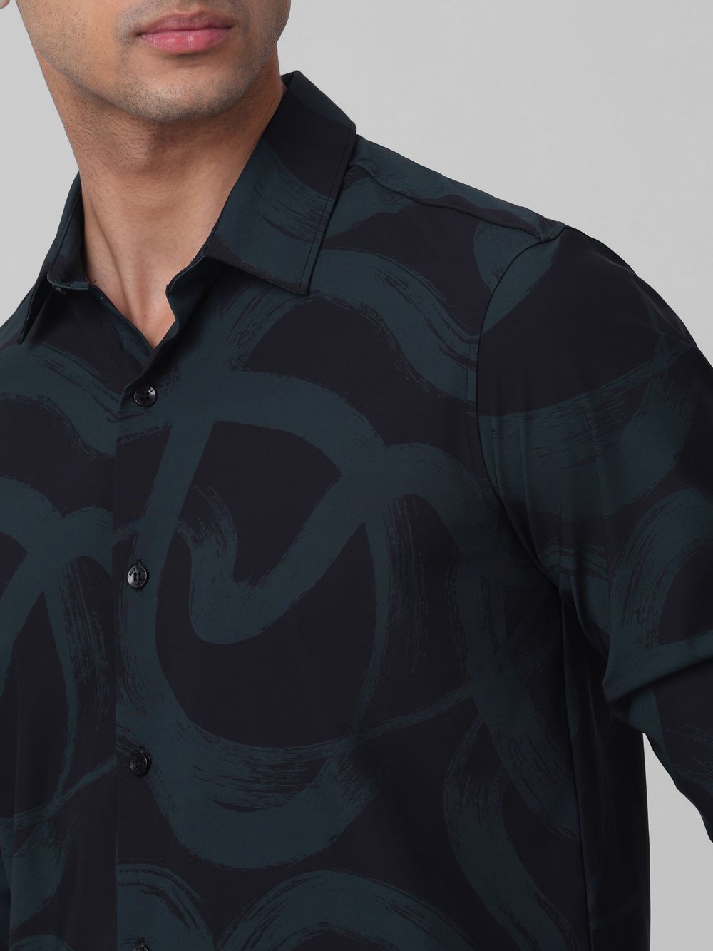 Black Abstract Print Stretch Slim Fit Casual Shirt