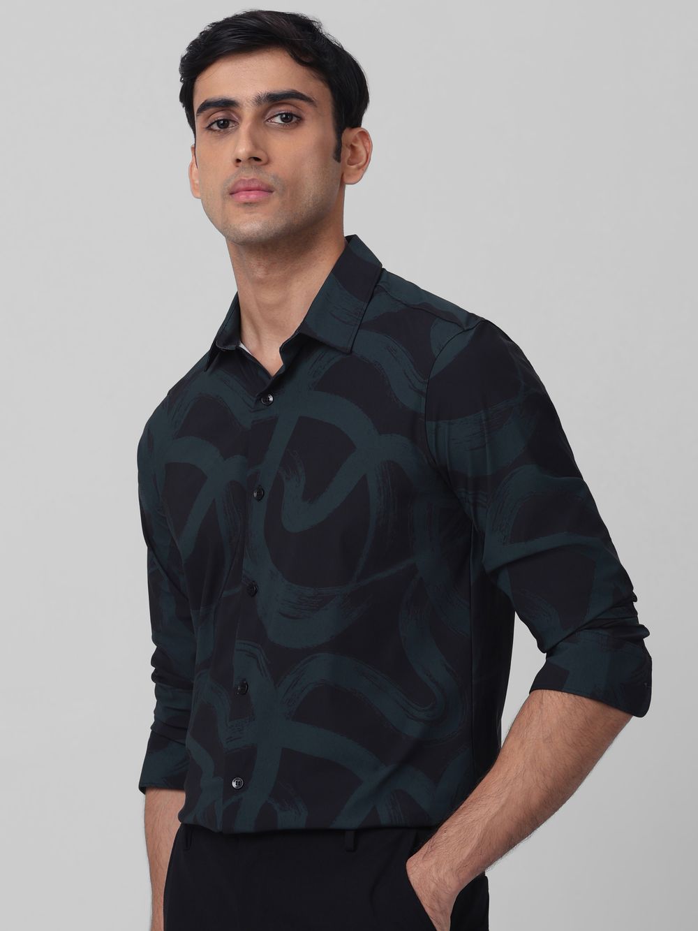 Black Abstract Print Stretch Slim Fit Casual Shirt