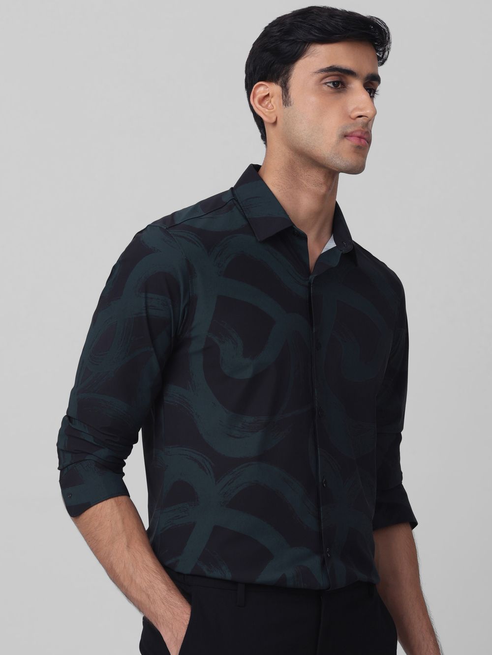 Black Abstract Print Stretch Slim Fit Casual Shirt