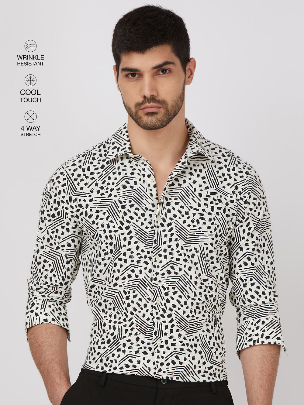 White Abstract Print Stretch Slim Fit Casual Shirt