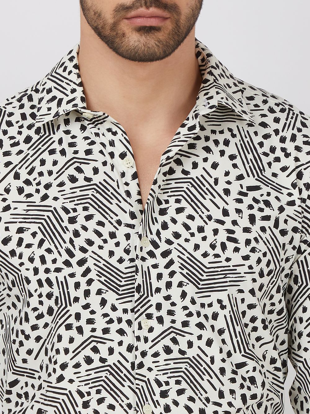 White Abstract Print Stretch Slim Fit Casual Shirt