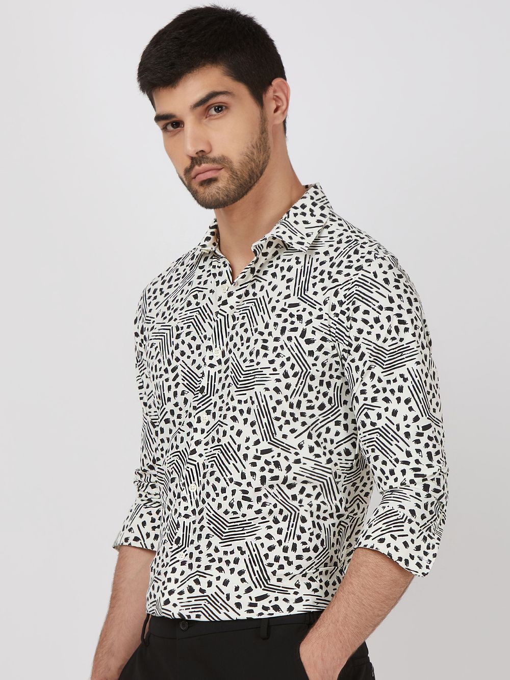 White Abstract Print Stretch Slim Fit Casual Shirt