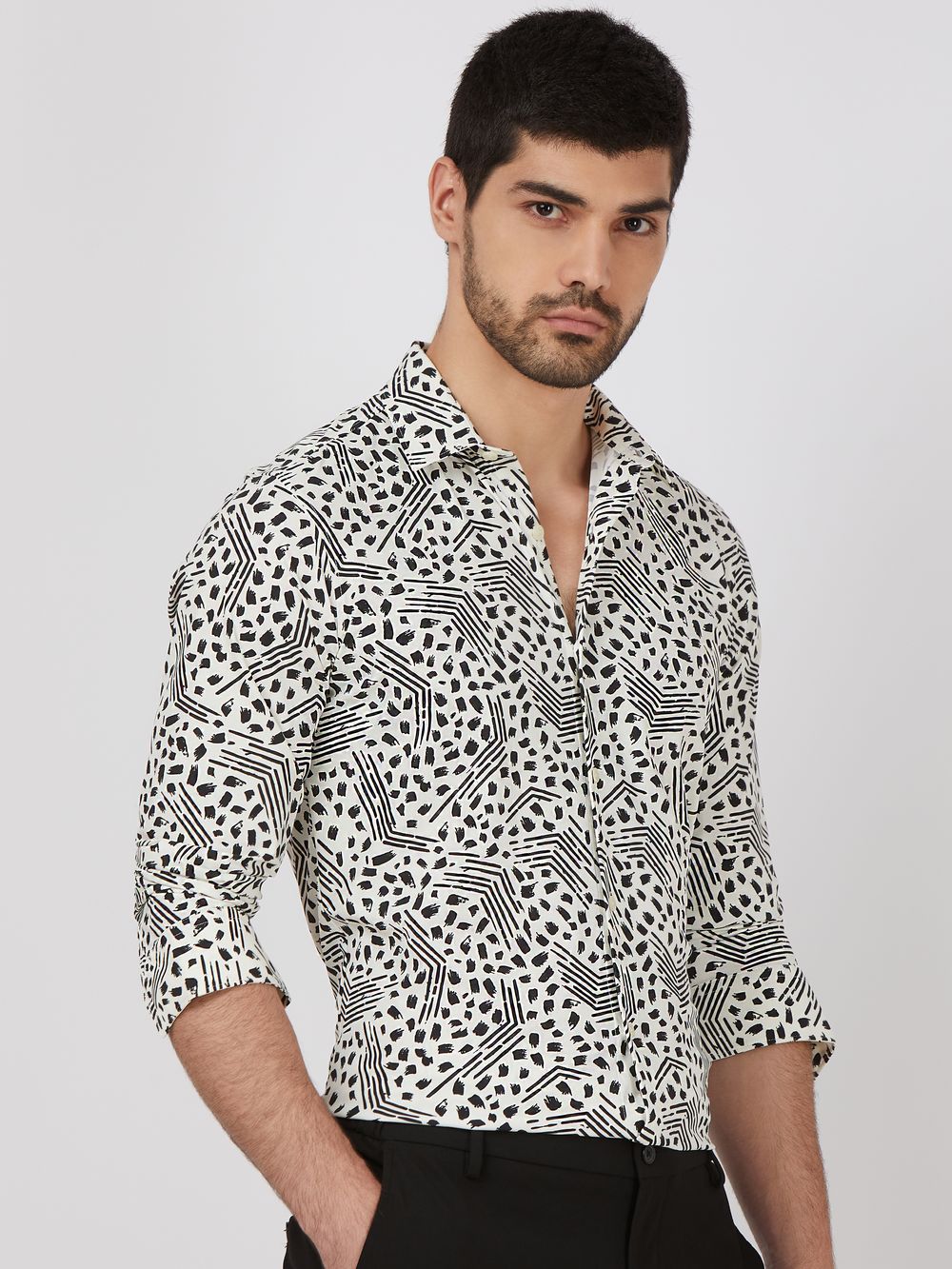 White Abstract Print Stretch Slim Fit Casual Shirt