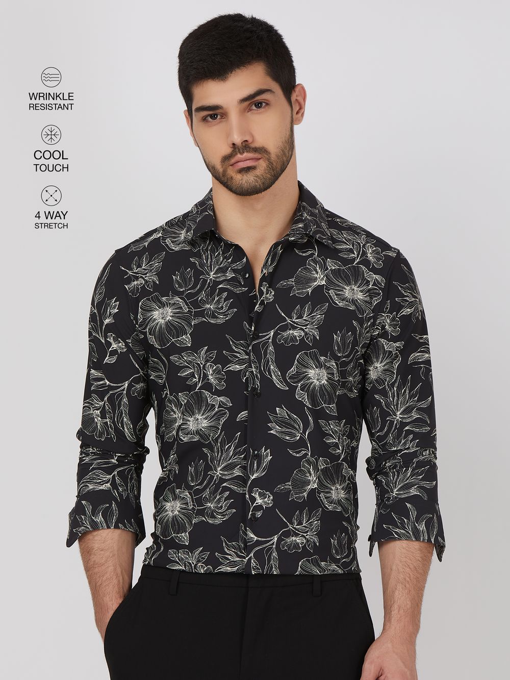 Black Floral Print Stretch Slim Fit Casual Shirt
