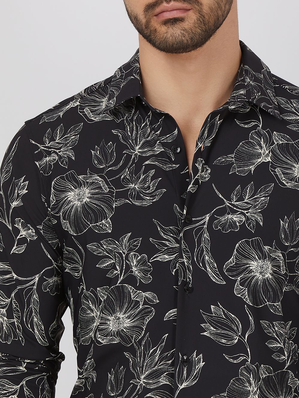 Black Floral Print Stretch Slim Fit Casual Shirt