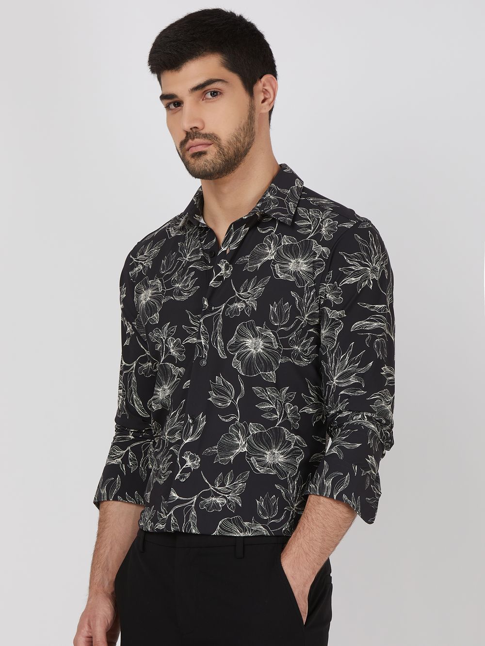 Black Floral Print Stretch Slim Fit Casual Shirt