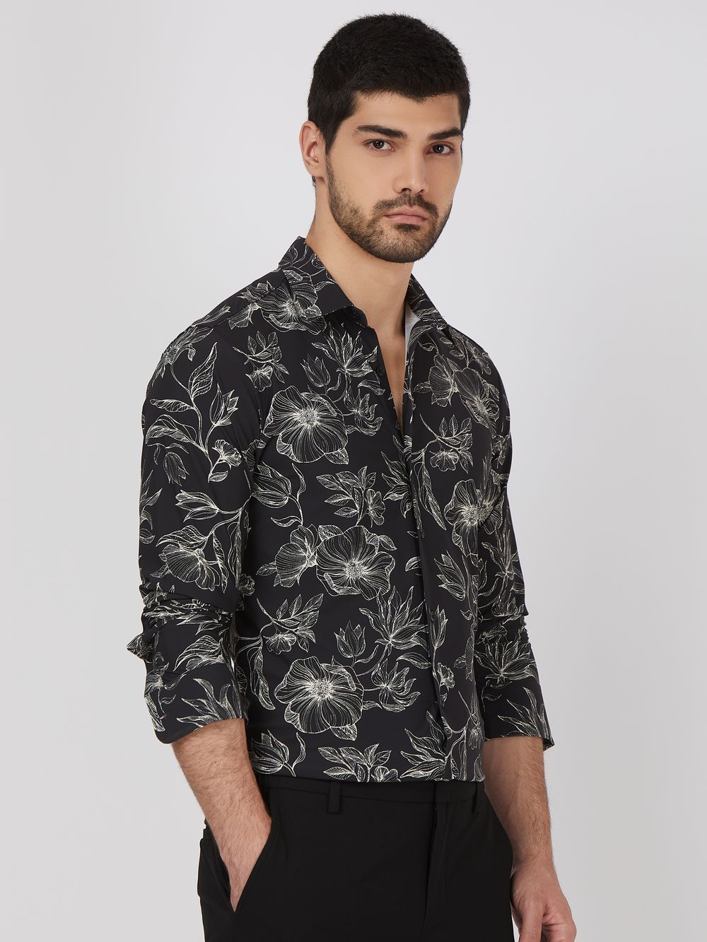 Black Floral Print Stretch Slim Fit Casual Shirt