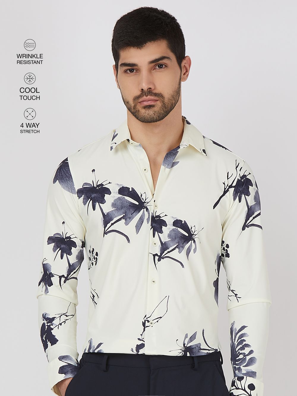 Off White Floral Print Stretch Slim Fit Casual Shirt