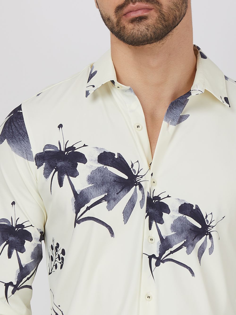 Off White Floral Print Stretch Slim Fit Casual Shirt