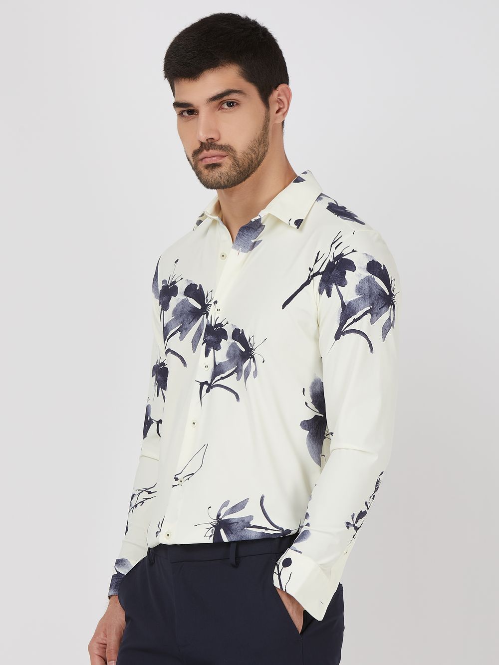 Off White Floral Print Stretch Slim Fit Casual Shirt