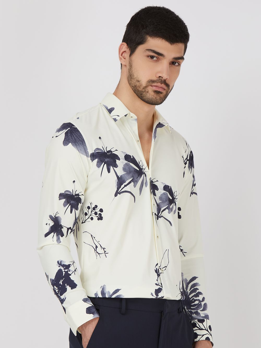Off White Floral Print Stretch Slim Fit Casual Shirt