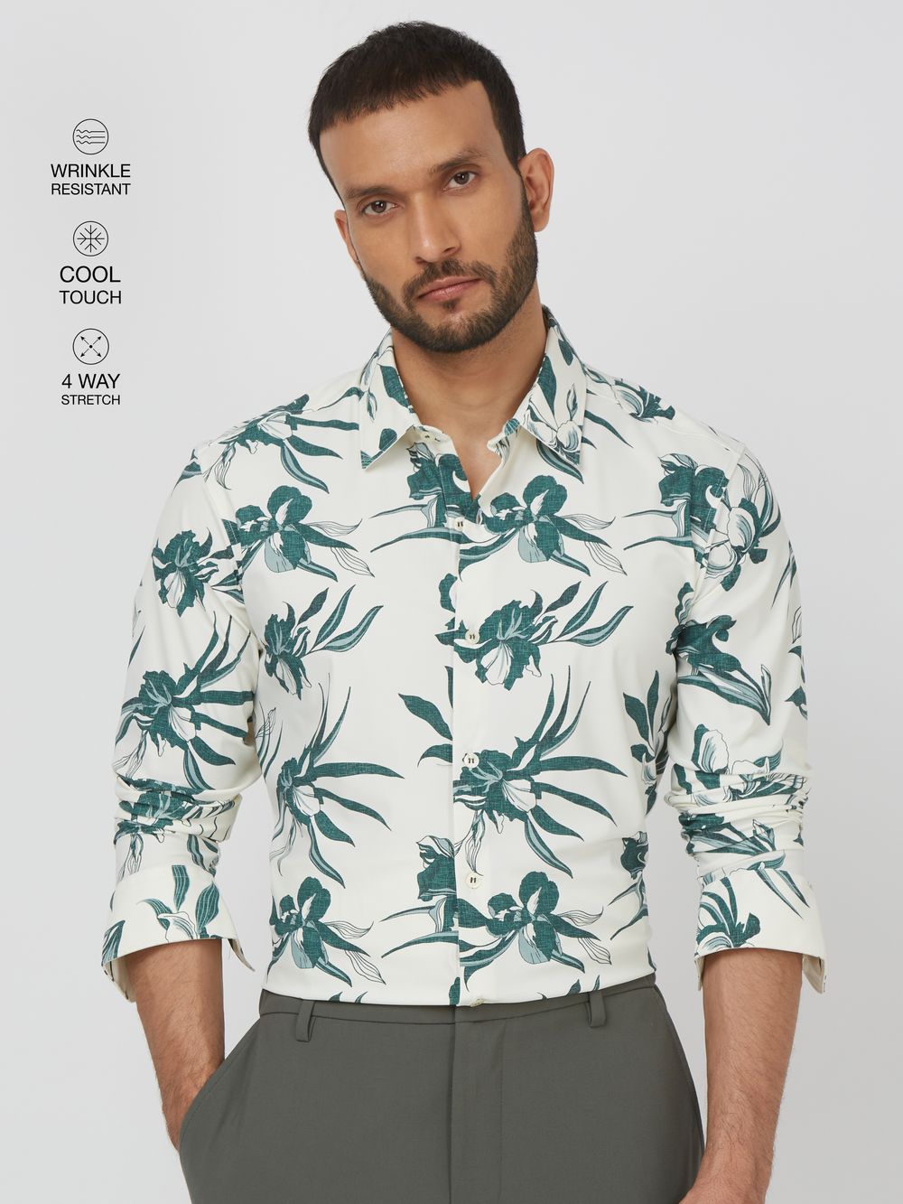 Green Floral Print Stretch Slim Fit Casual Shirt